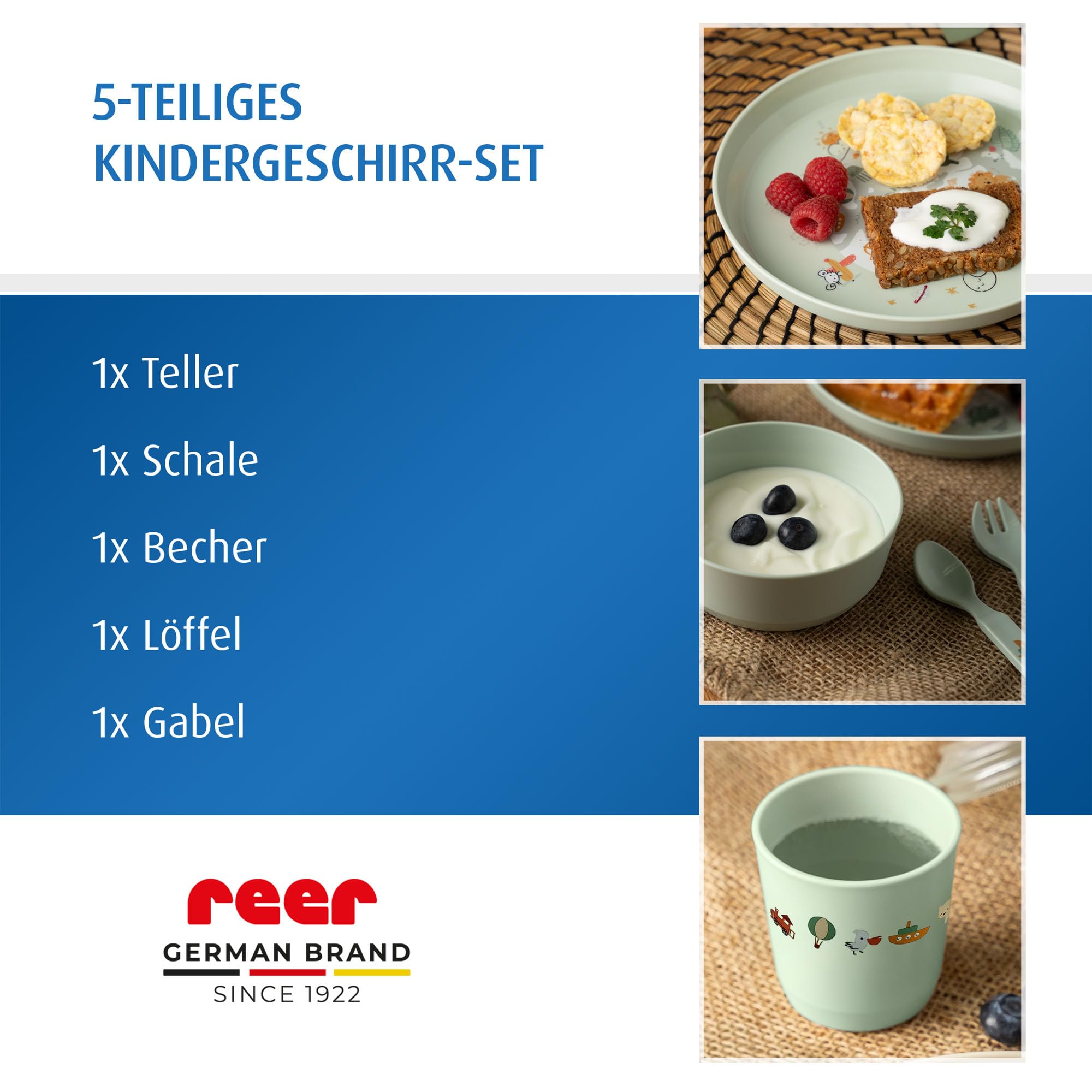reer Kindergeschirr Set | Motiv: Little Explorer | Biokunststoff-Geschirr für Kleinkinder aus 100% ISCC-zertifiziertem Material | 5-teilig | BPA-frei | spülmaschinengeeignet