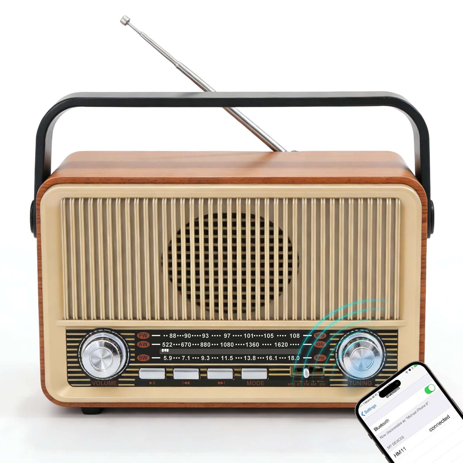 Retro Radio mit Bluetooth, Kofferradio Batteriebetrieben oder mit Stromkabel, Nostalgie Küchenradio mit 1000mAh Akku, USB/TF/AUX Unterstützung, Tragbares Radio Retro für Zuhause und Senioren