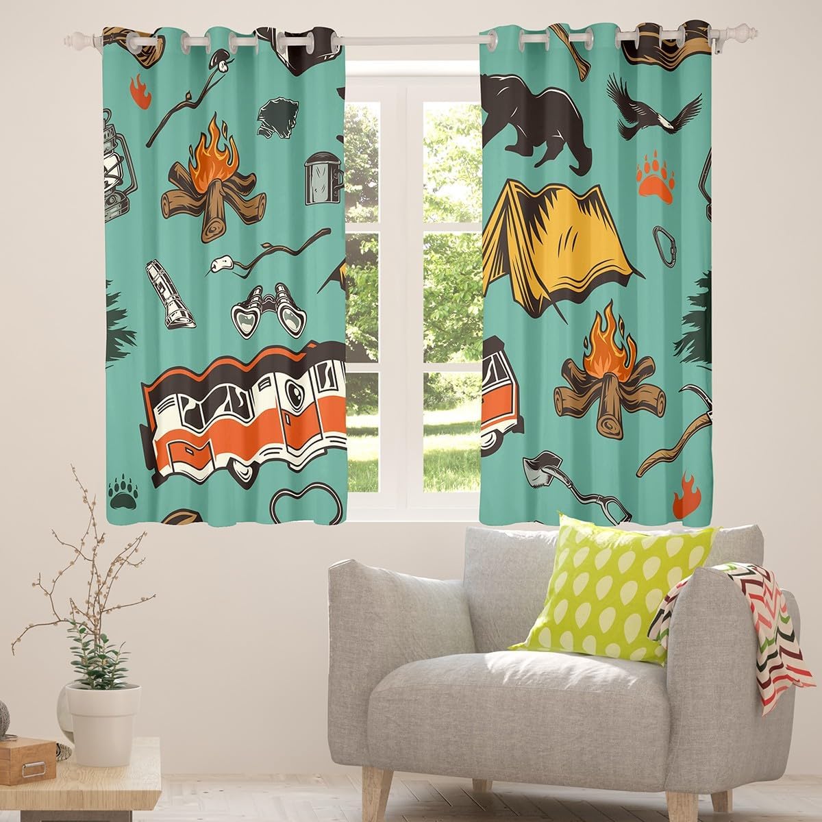 Kids Camping Curtains, Farmhouse Camper Theme Blackout Curtains For Home Bedroom Living Room, Camper Travel Car Window Curtains & Drapes, Western Rustic Bear Darkening Curtains, 2 Panels 42"X63"