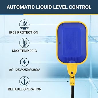 Float Switch, 5M/16.4ft Cable Water Level Controller Rectangular Float Switch Water Level Control Sensor AC 220V 15(8) A for Water Tank, Sump Pump