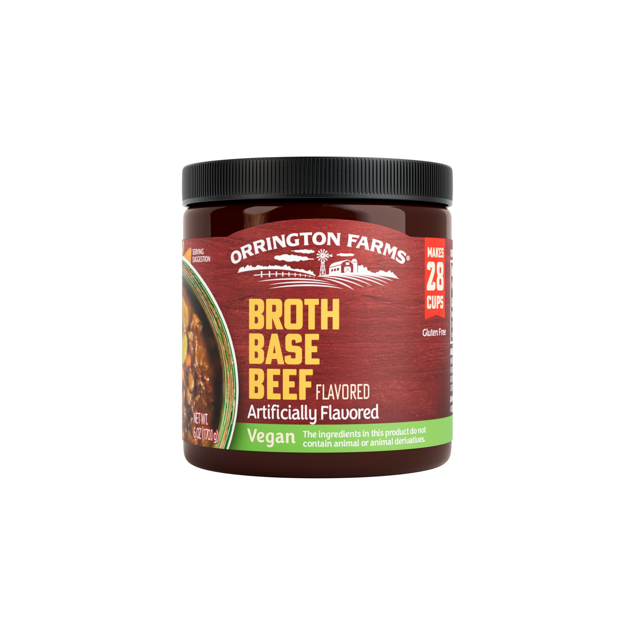 Orrington Farms Vegan Beef Flavored Broth Base, Bring Flavor to Your Favorite Soups & Stews, Gluten Free, Vegetarian Friendly, Easy-to-Use, 6oz Jar