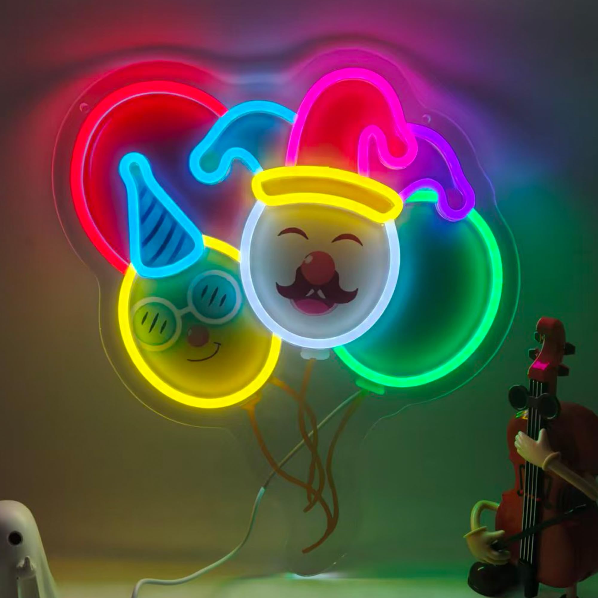 Colorful Balloon Neon Sign, Balloon With Clown Neon Lights for Birthday Party Decorations, USB Powered LED Light Up Signs for Bedroom, Kids Room, Gift for Christmas