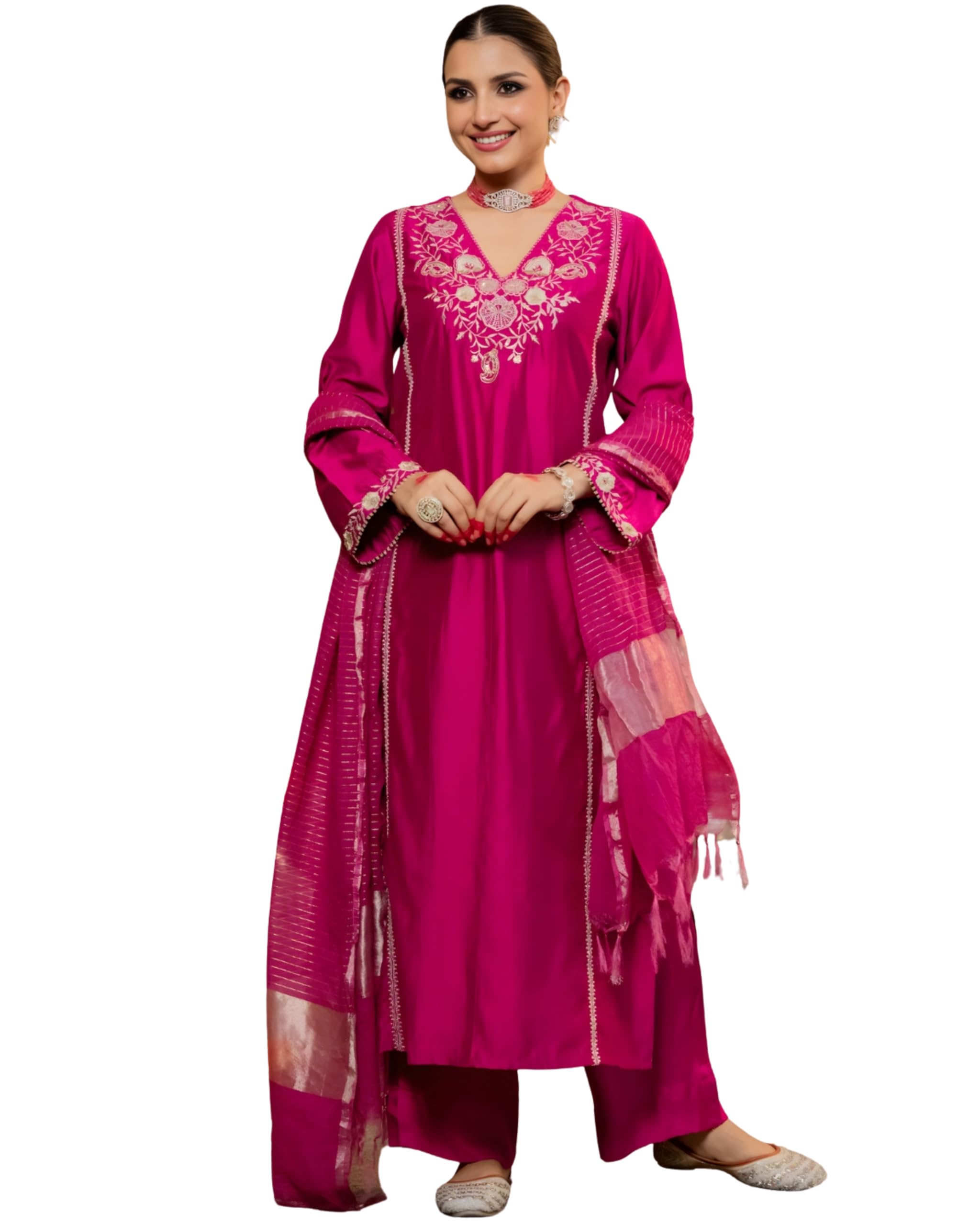 zaierra Women’s Viscose Silk Embroidered Kurta Set with Pant & Jacquard Dupatta | Suit Set (Petrol/Rani)-picture-35