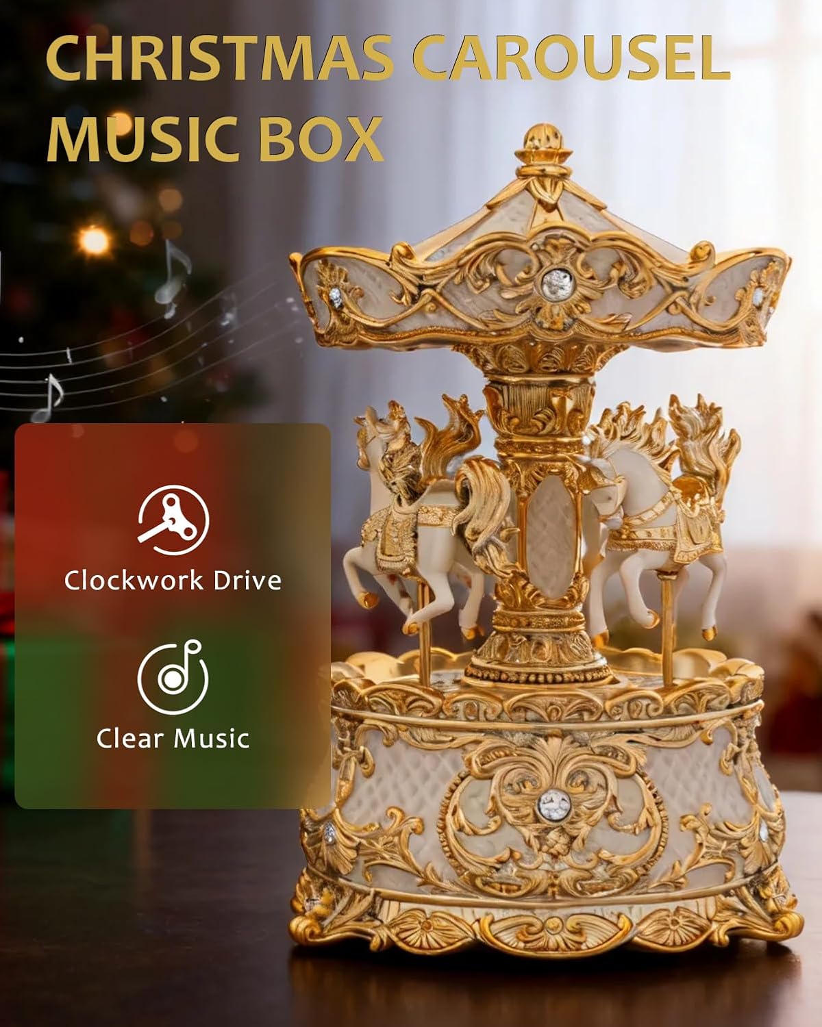Golden Ivory Carousel Horse Music Box - Wind Up Rotate Christmas Music Box Ornament for Home Table Decor, Valentines Day Snow Globes Christmas Decorations Gifts for Couples Women Men Kids Family