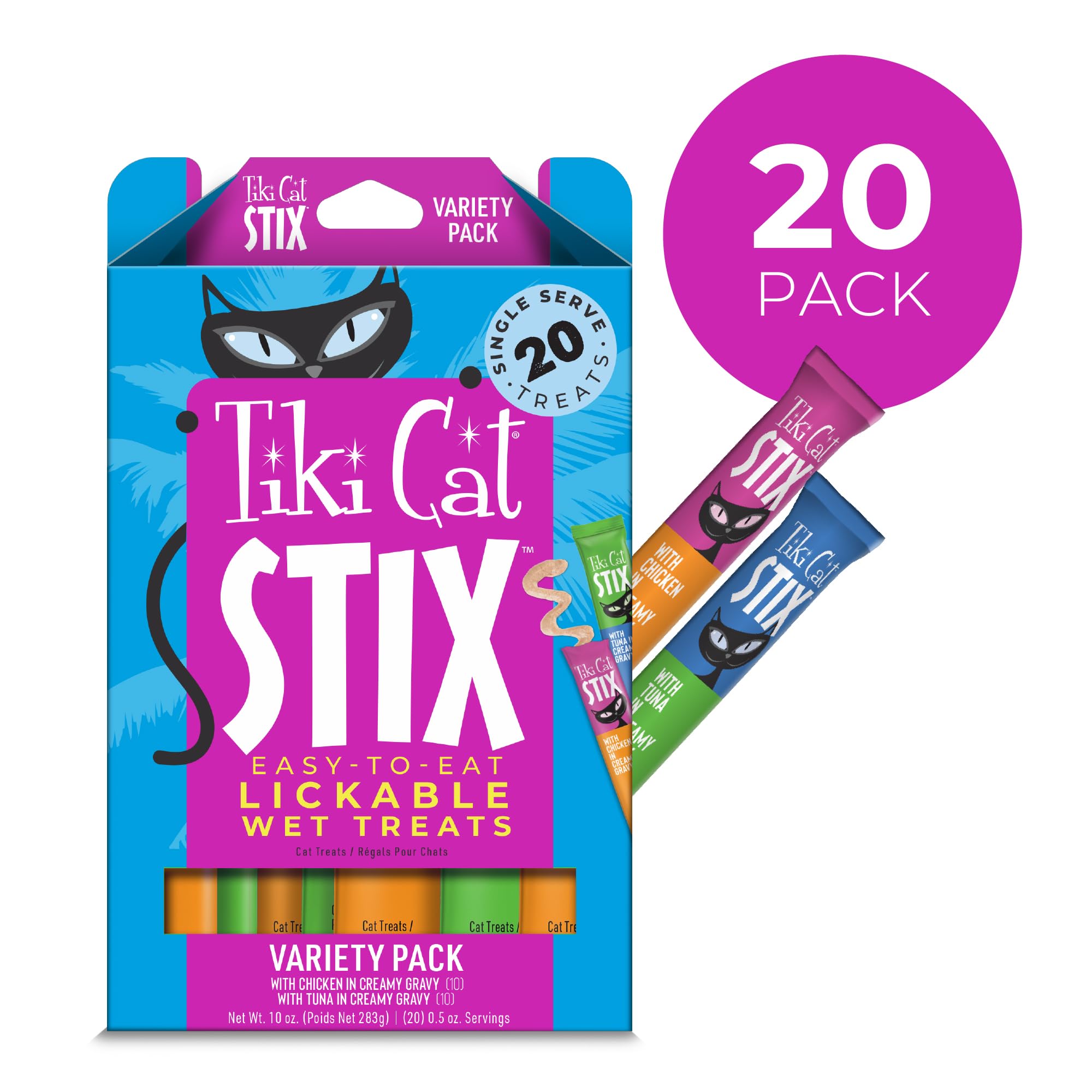 Tiki Cat Stix Mousse Treats, Single Serve Indulgent Lickable Treat or Dry Food Topper, Variety Pack, 0.5 oz. Servings (20 Count)