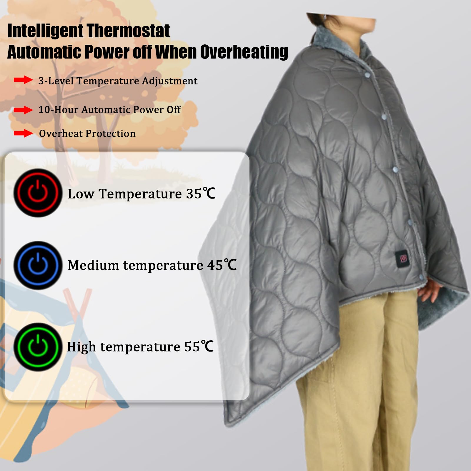 Scialle Riscaldante Elettrico, Coperta Riscaldante Elettrica Portatile Senza Fili 3 Livelli Di Riscaldamento Coperta Lavabile per Freddo Dormire Lavorare Viaggiare Campeggio (Grigio)