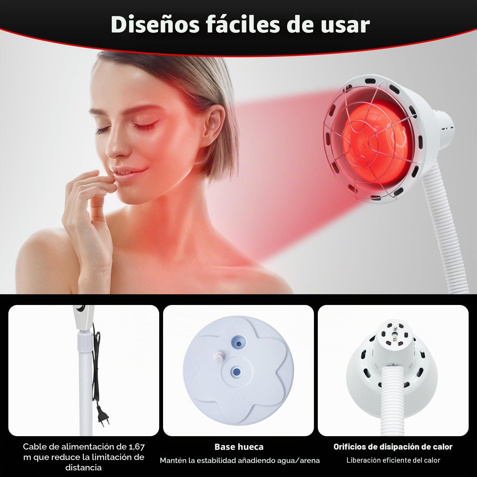 Lámpara de calor para aliviar el dolor, lámpara ajustable con rotación de 360°, diseño moderno de acero inoxidable y plástico, 220 V, 275 W de potencia, aplicación interior