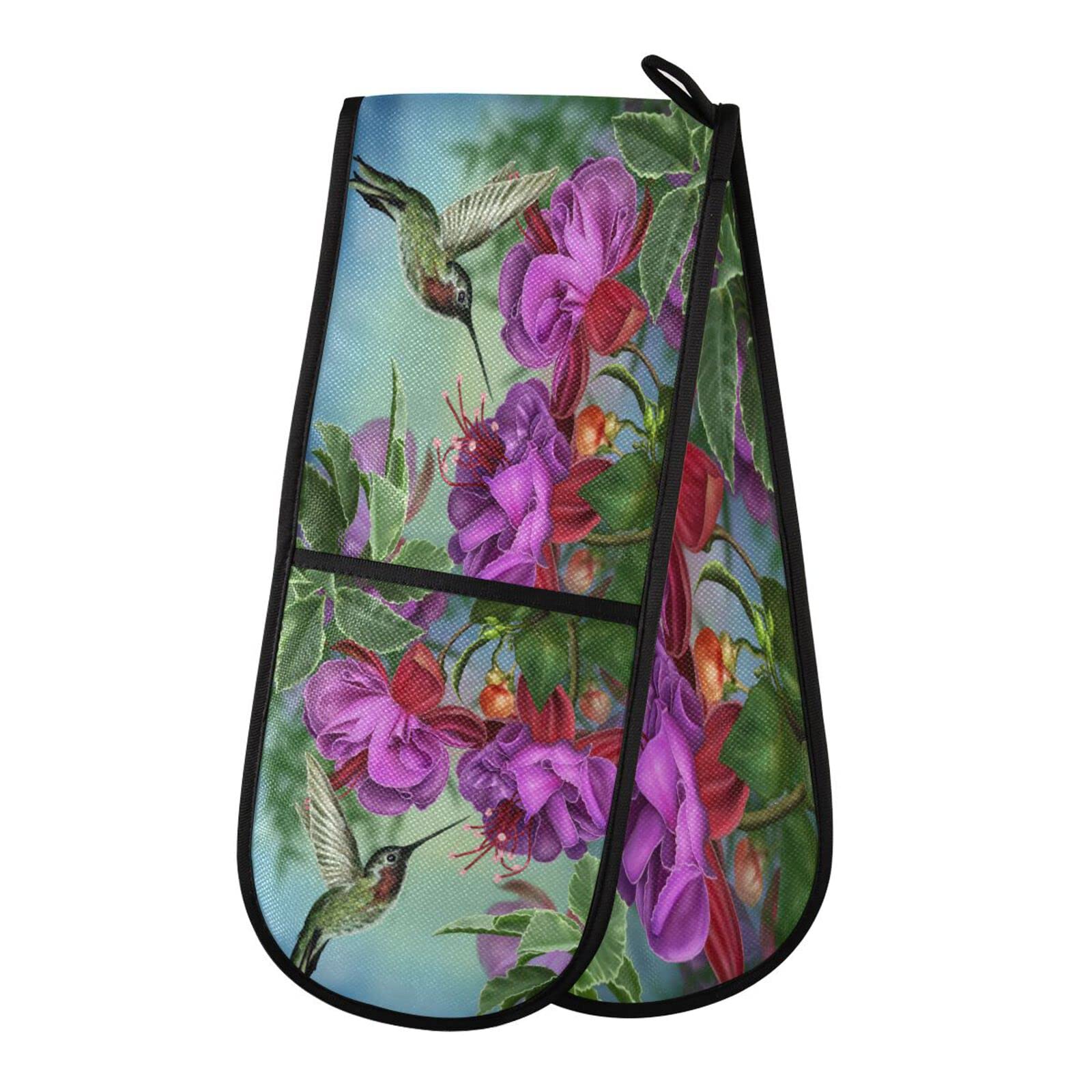 Youjuner Colour 53 Double Oven Glove Hummingbird Bird Flower Heat Resistant Double Ovens Mitt Modern Cooking Gloves Potholders