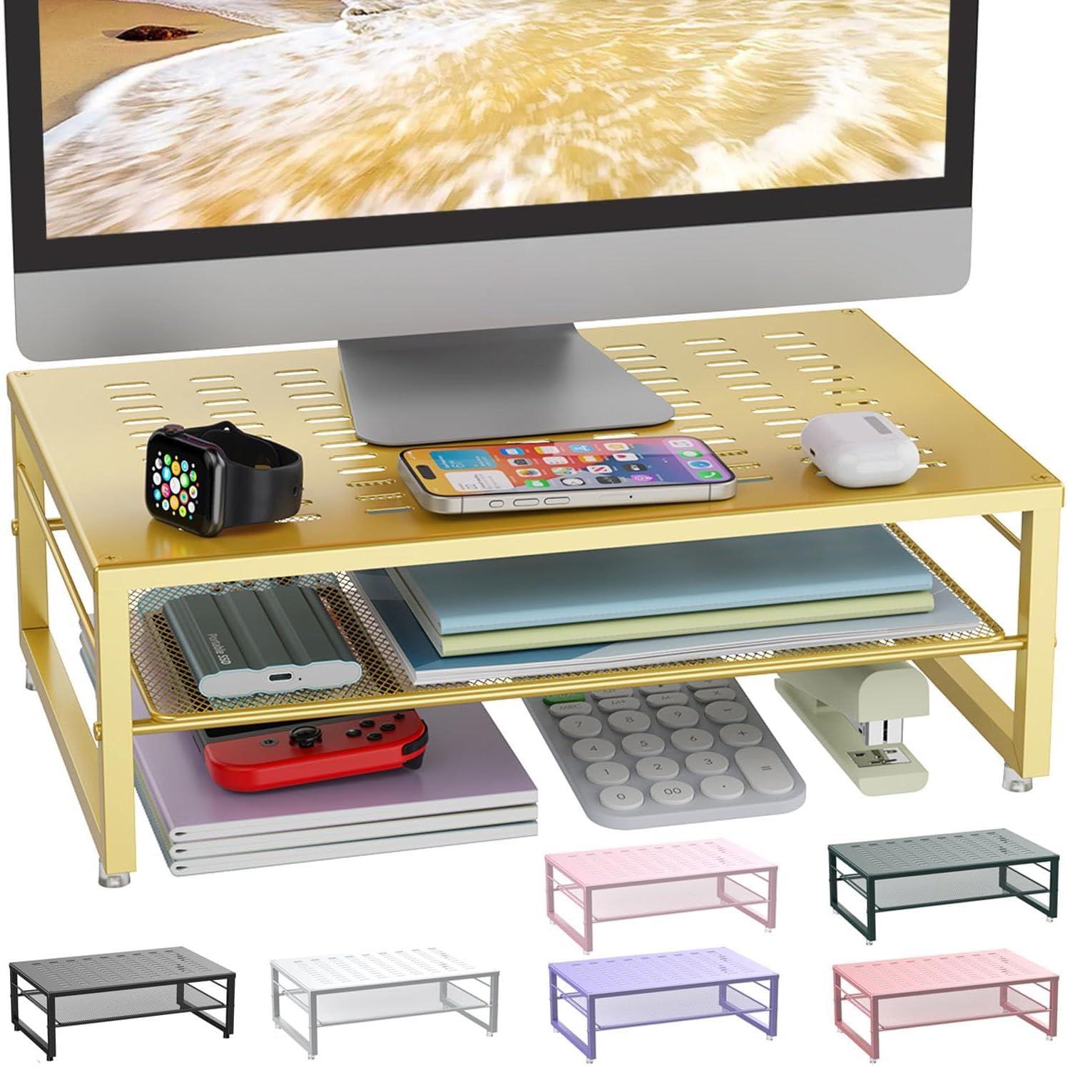 gianotter 2-Tier Metal Monitor Stand Riser, Desk Organizer for Monitor, Office Desk Storage Organizer for Office Supplies (Gold)