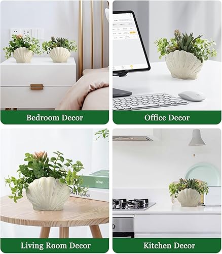 Miniatura 5 de Lewondr Juego de 2 plantas falsas, suculentas artificiales surtidas con macetas de concha de mar, vegetación artificial en decoración de playa