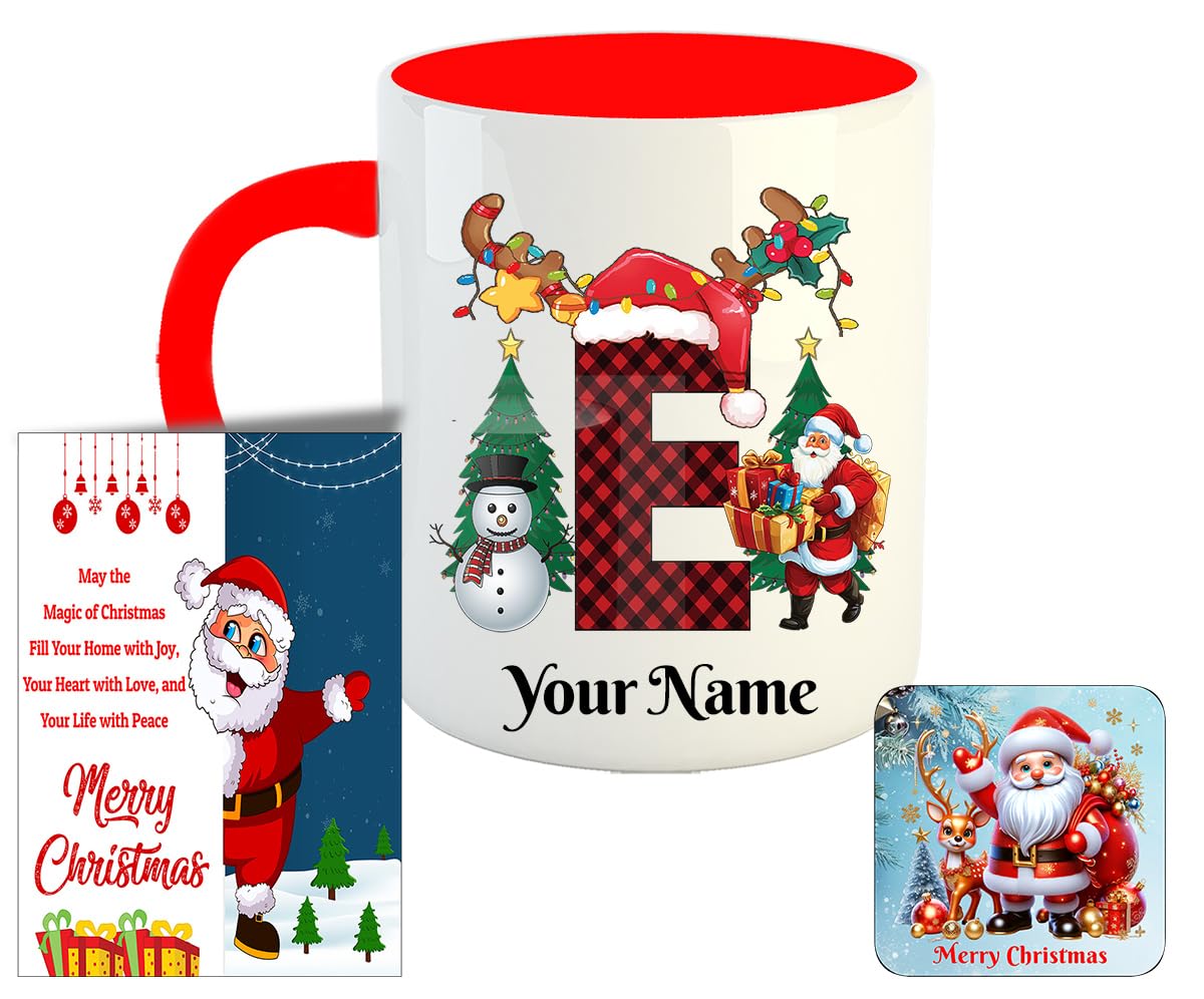 Happu®-Customised Christmas Ceramic Coffee Mug with Name|Customized Personalised Alphabet Printed Cup Letter 'E' |Free Fridge Magnet & Greeting Card|Xmas Gift for Friends & Family|325 ml HPK-3310-RD