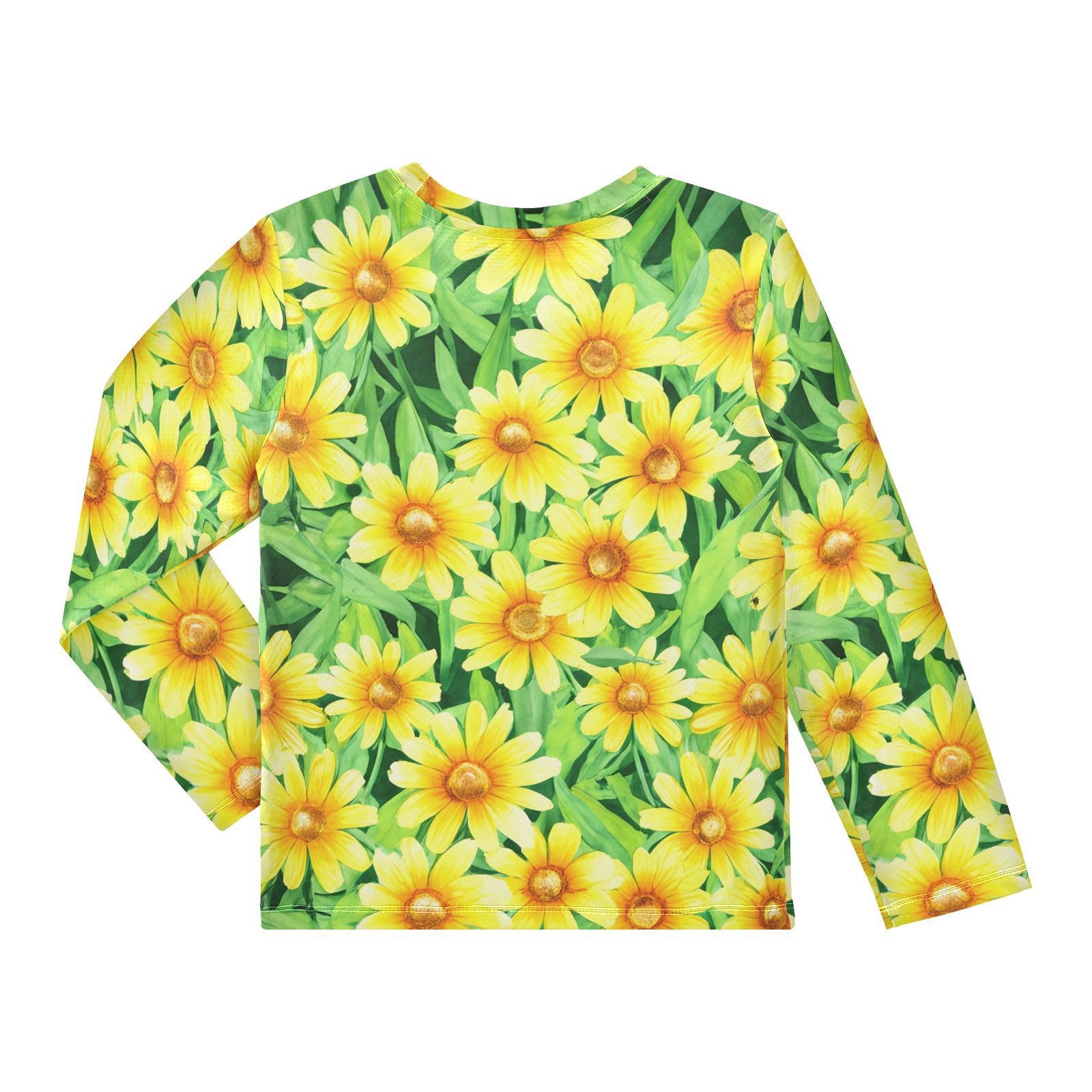 DOMIKING Hirta Flower Yellow Boys Long Sleeve Rashguard Shirt Kids Quick Dry Swim Shirt for Beach Pool Sport 11-12T