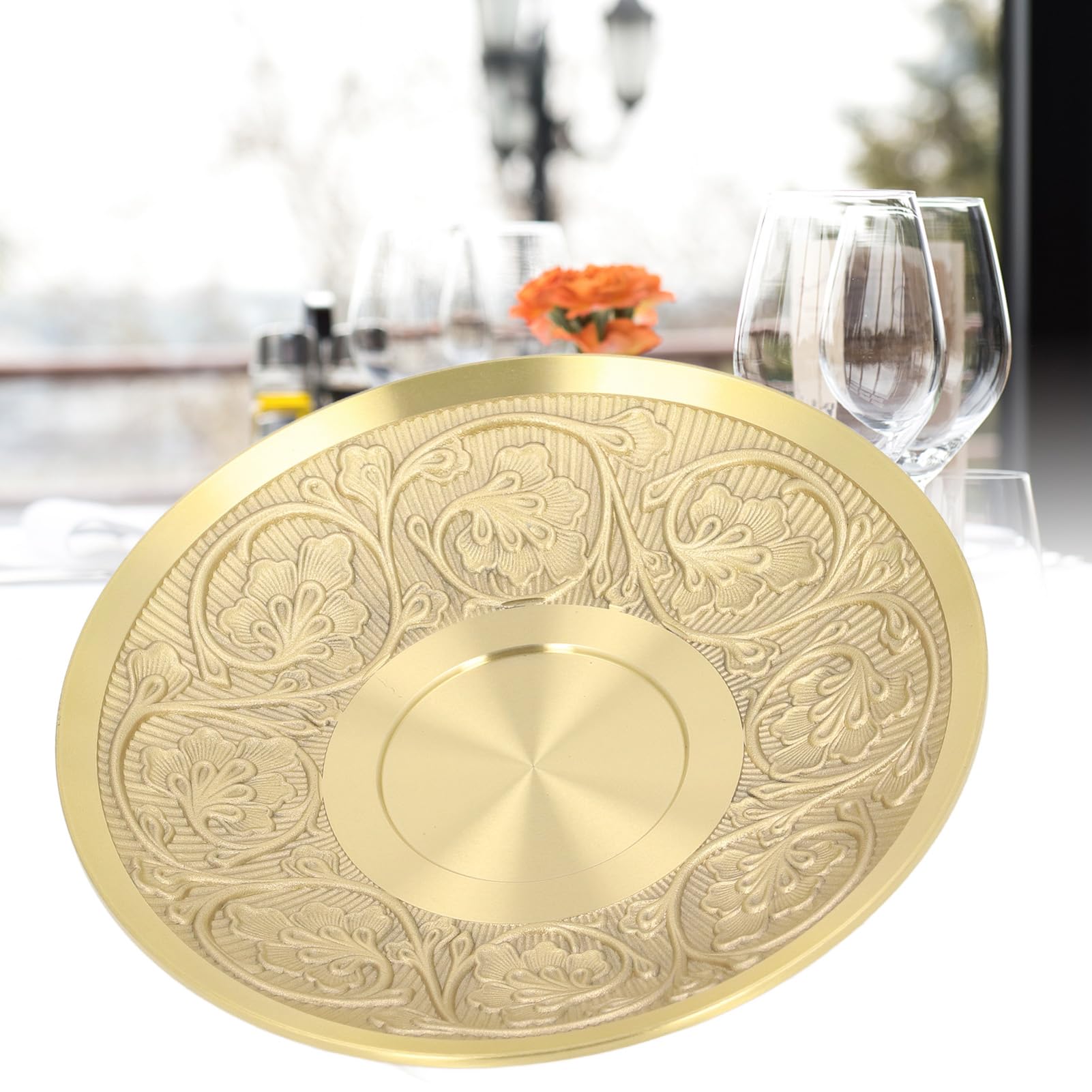 Yuecoom BRASS SAUCER ELEGANT FLOWER CARVING METAL PLATE HOME DECOR OFFICE GOLDEN LUXURY