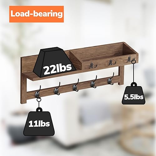 Miniatura 5 de AMBIRD Ganchos de pared con estante de 26.57 pulgadas para colgar en la pared, ganchos de madera para colgar abrigos de pared con estante para