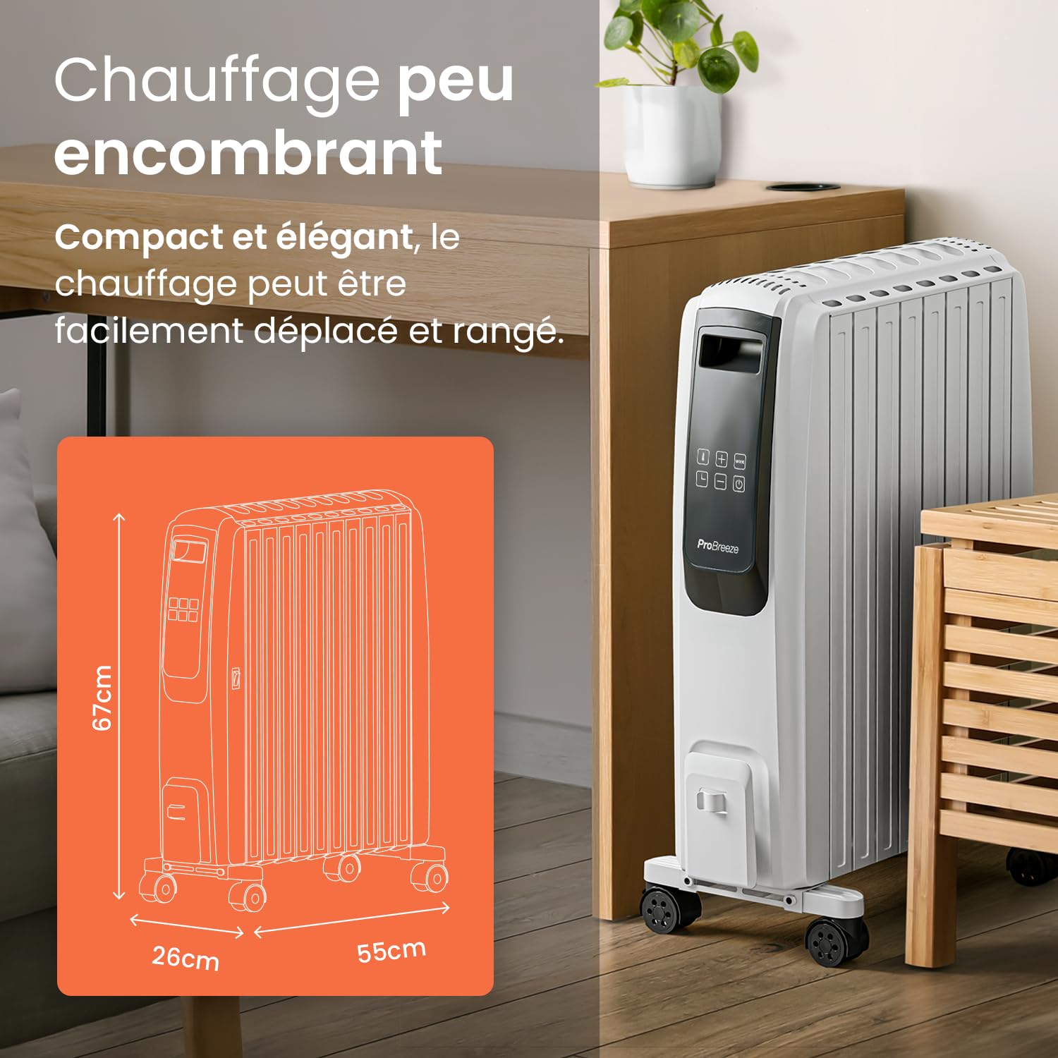 Pro Breeze Radiateur Numérique à Bain d’Huile 2500W, Mobile, Chauffage électrique 10 éléments, Minuteur Intégré, 4 Puissances de Chauffage, Thermostat, Télécommande