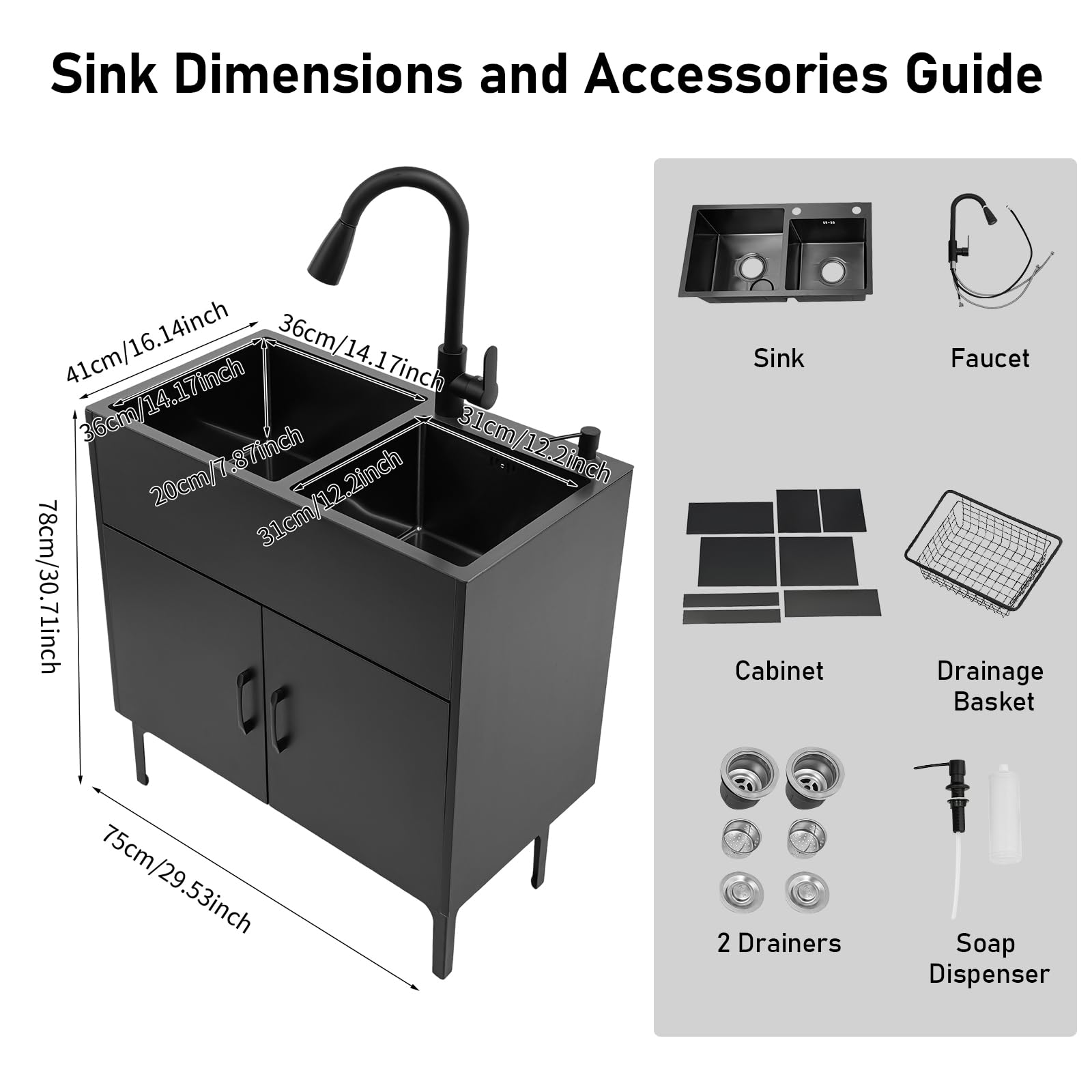 Lavello da cucina indipendente con mobile sottostante e rubinetto estraibile, lavandino in acciaio inox con cestello sgocciolante, 75x41x78cm. Lavello con mobile sottostante, lavabo per ristoranti