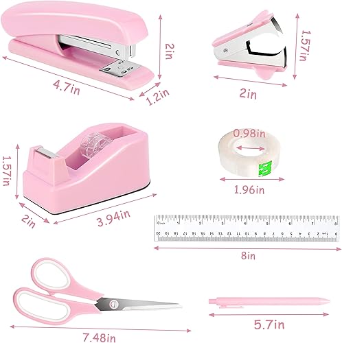 Miniatura 6 de Accesorios de escritorio rosados, suministros de oficina rosados, organizadores de escritorio y accesorios con dispensador de cinta, grapadora,