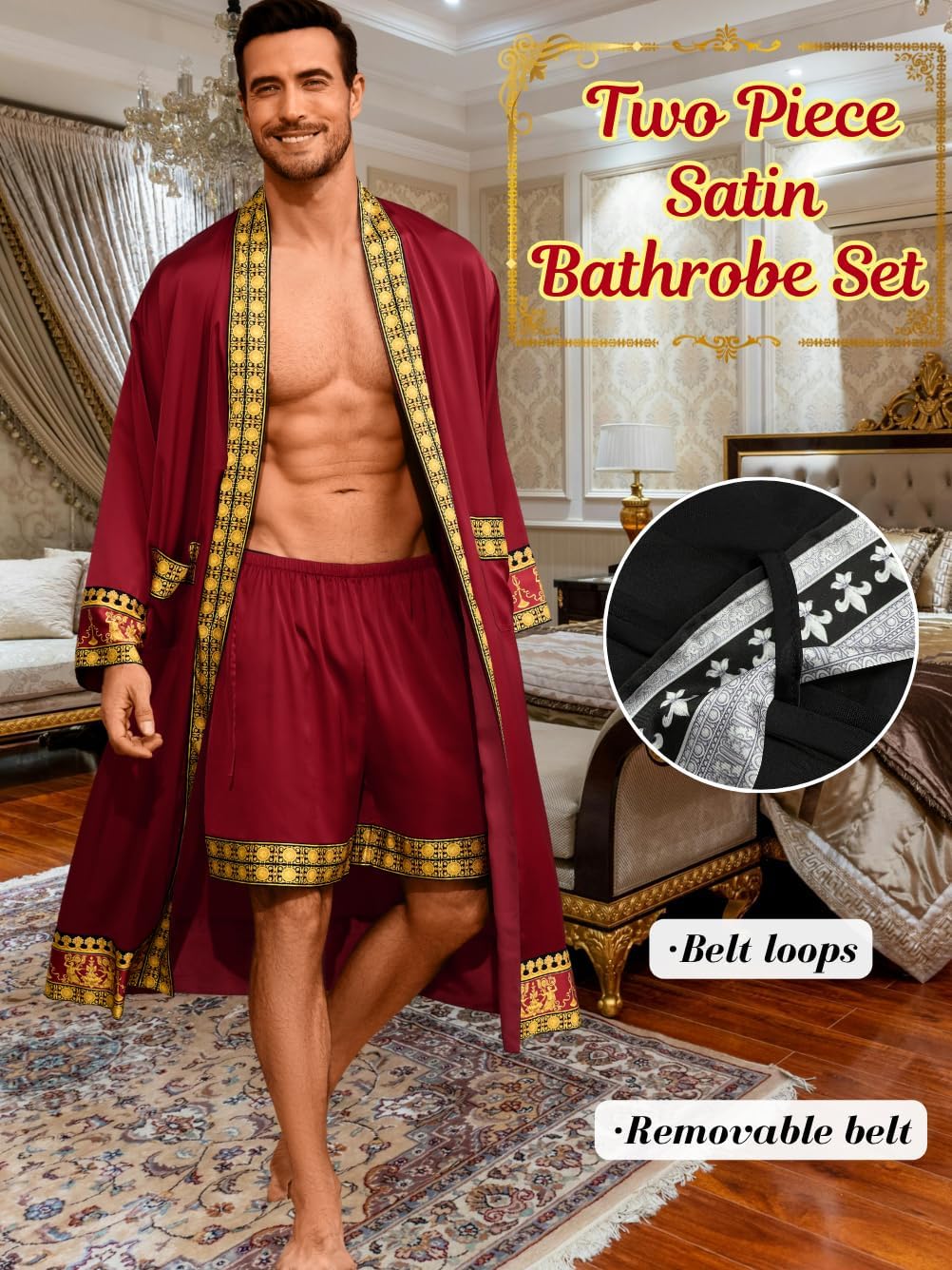 ChiaoLezhee Men's Luxury Silky Robe & Shorts Set, 2PC Lightweight Satin Pajamas with Pockets, Opulent Baroque Kimono Gifts