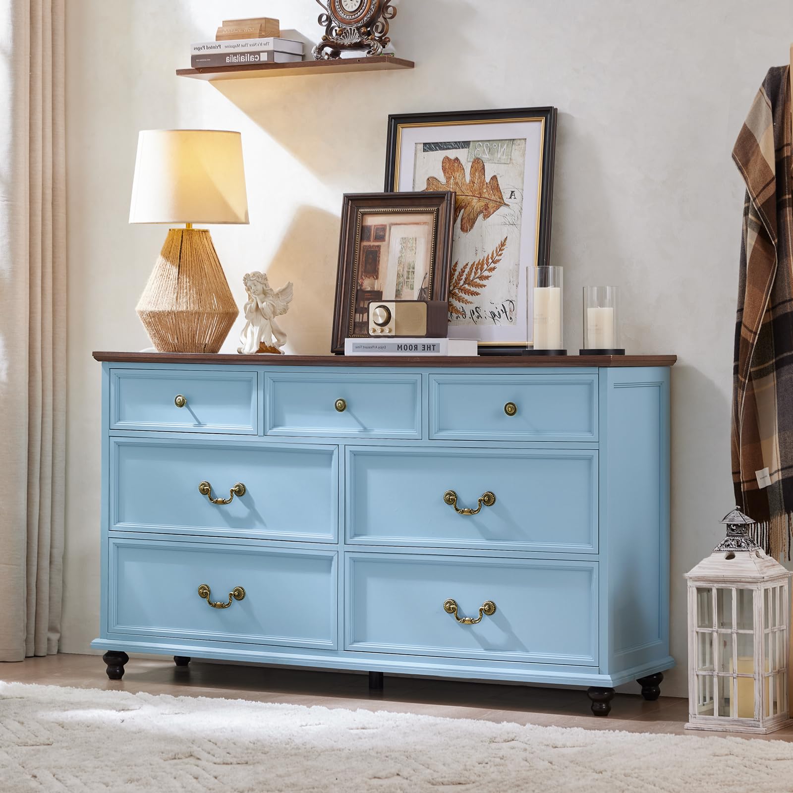 Joaxswe Farmhouse 7 Drawers Dresser for Bedroom, Light Blue 54 Inch Wide Chest of Drawers w/ 4 Wooden Legs, Large Vintage Rustic Closet Dressers for Living Room, Wood TV Stand with