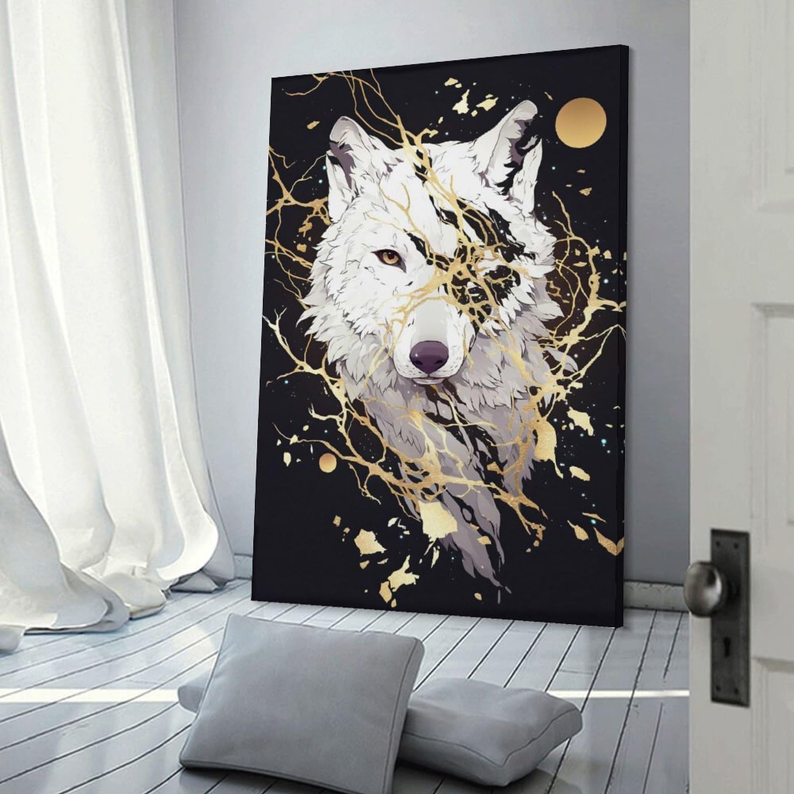 Junmoney Frame-Style-4 Wall Picture Print White Wolf With Golden Accents, 20X30inch(50X75cm), For Hallway, Bedroom Or Modern Interiors, Thoughtful Wall Decor For Art Lovers