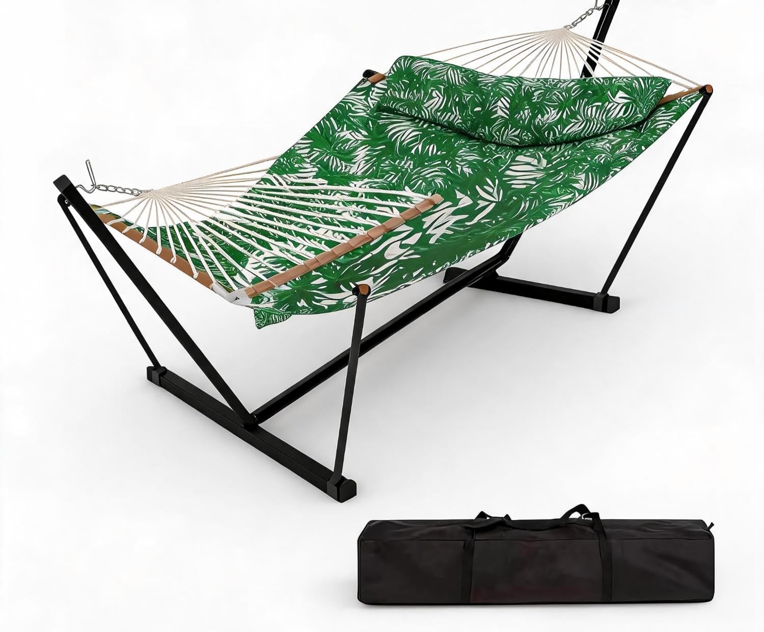 Hamac 2 Personnes 12FT Support métal Tissu Polyester Barres Bois Sac Transport Jardin terrasse Plage