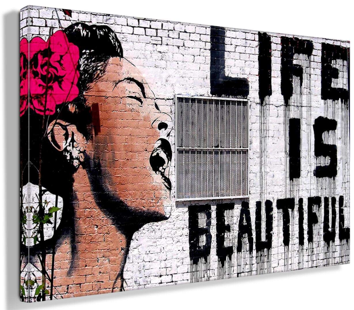 Banksy Canvas Wall Art Life is Beautiful Street Graffiti Art Canvas Prints for Living Room Bedroom Home Decorations Modern Stretched Framed Giclee Artwork 20x30cm(7.9x11.8inch)