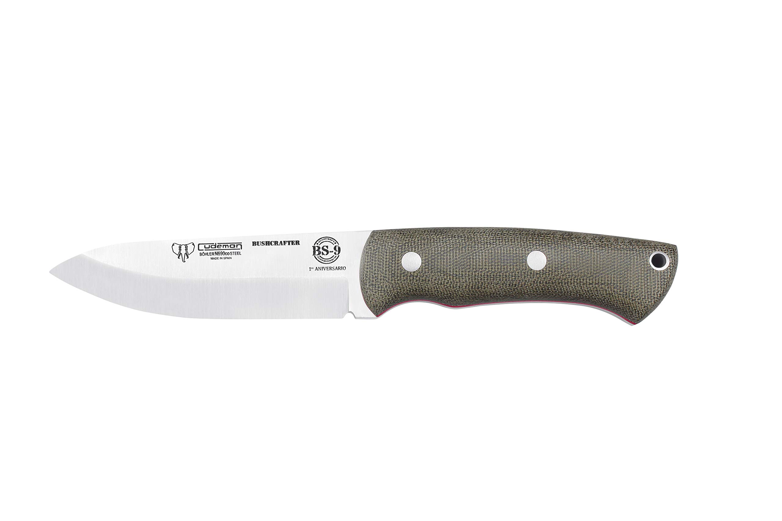 Cudeman Nuevo Cuchillo 206-F BS9 BUSHCRAFTER hoja de acero Böhler N-690Co de 11 cm y empuñadura de micarta canvas con separador rojo de 11,5 cm para caza, supervivencia y bushcraft + Portabotellas