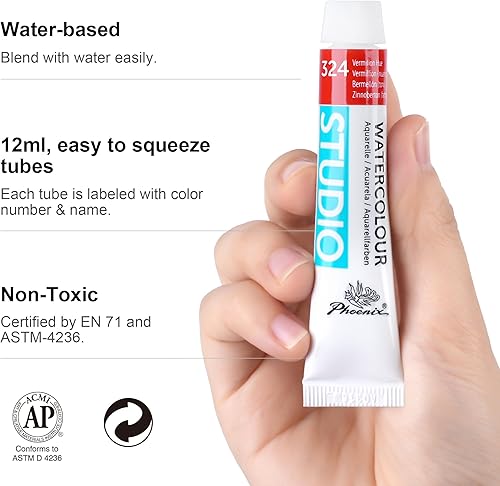 Miniatura 3 de PHOENIX Juego de tubos de pintura de acuarela, 24 x 0.4 fl oz  0.4 fl oz, juego de pintura de acuarela no tóxica para adultos, suministros de