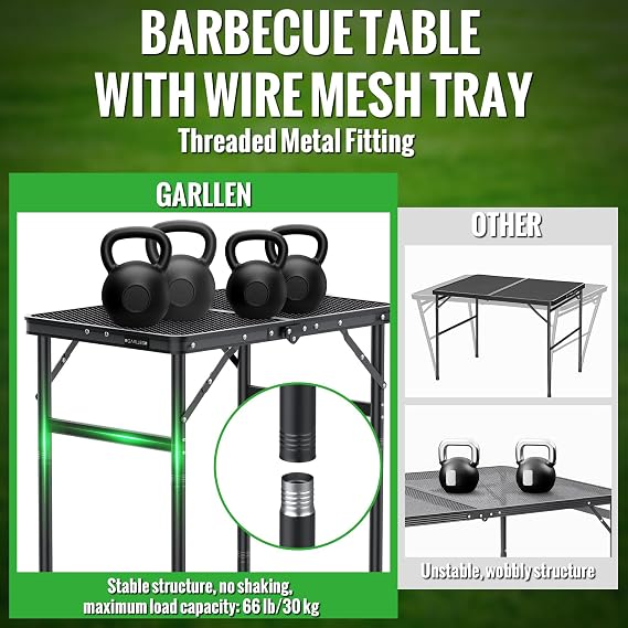GARLLEN Foldable BBQ Table 60 x 40 cm and 3 Height Adjustable (27/51/75 cm) Lightweight and Portable Folding Table Camping Table Side Table Garden Table Picnic Table Small Grill Table for Camping