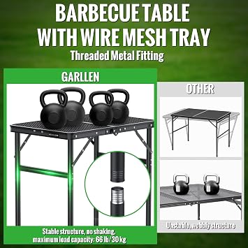 GARLLEN Foldable BBQ Table 60 x 40 cm and 3 Height Adjustable (27/51/75 cm) Lightweight and Portable Folding Table Camping Table Side Table Garden Table Picnic Table Small Grill Table for Camping