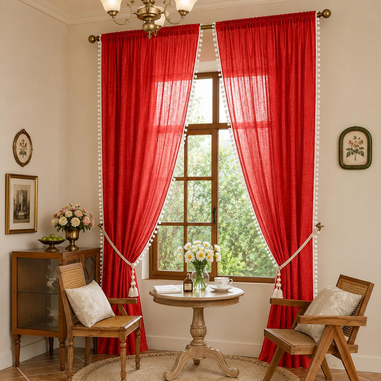 THE LINEN COMPANY Cotton Linen Textured Sheer Eyelet Curtains with Side Border Pompom for Long Door/Balcony, Light Filtering Curtain Panels, Chili Red, 8 Feet, Pack of 1-image-16