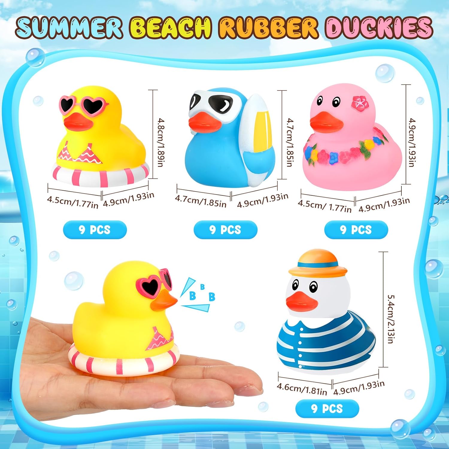 Honoson 36 Pcs Summer Beach Rubber Duckies Bulk Mini Rubber Duck Bath Toys Float Bathtub Ducky Cute Squeaky Ducky for Classroom Carnival Summer Birthday Baby Shower Party Favor (4 Colors)