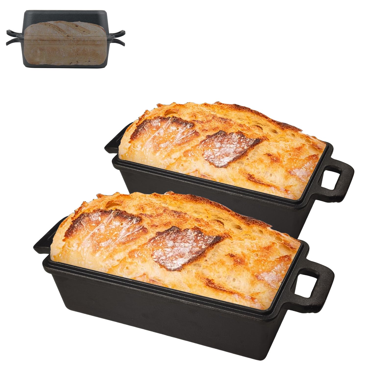 Rostiera 2 in 1 in ghisa con coperchio, 23 × 13 cm, teglia per pane con doppi manici e manico del coperchio, rettangolare, nero, per pane alla banana e carne, distribuzione uniforme del calore