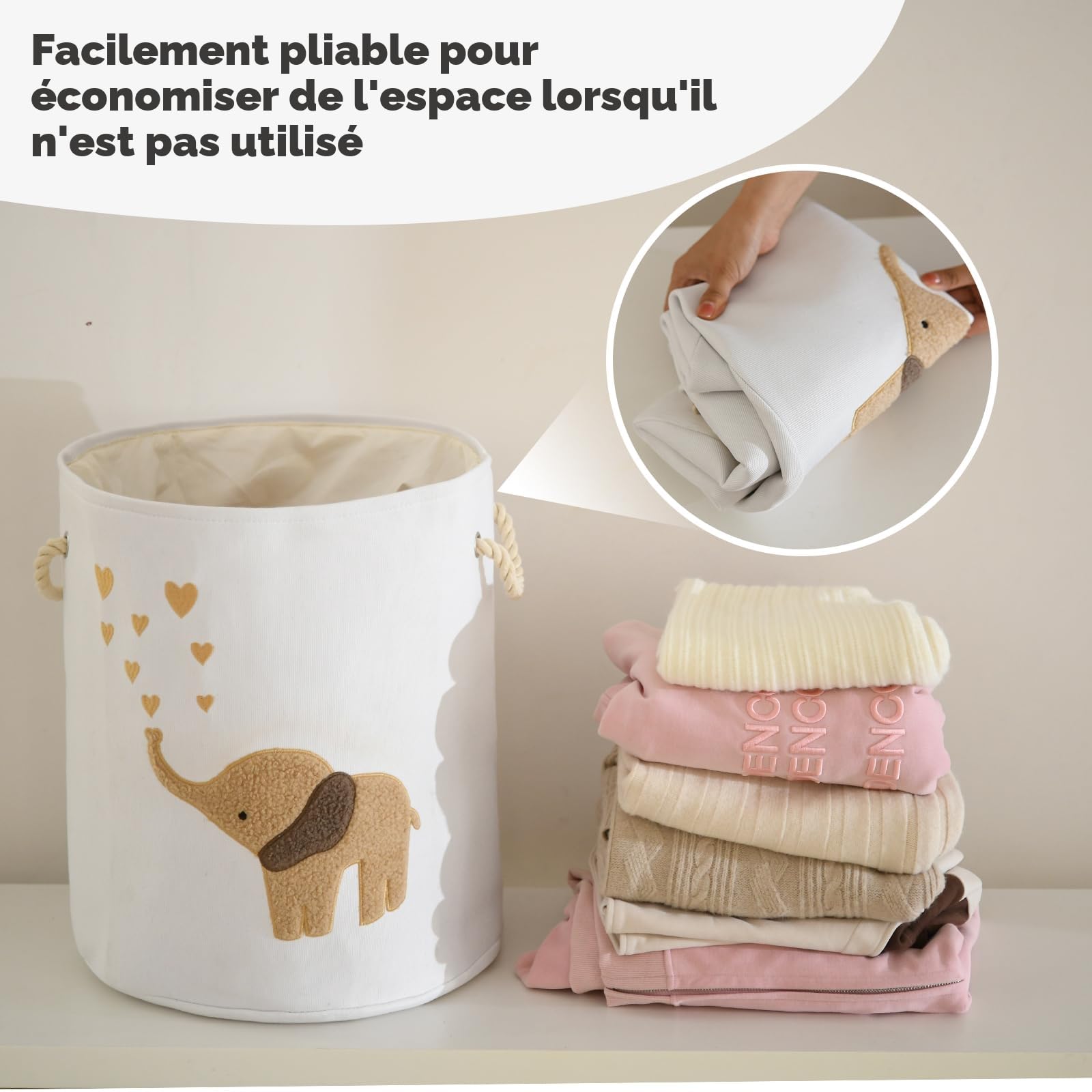 Panier à linge pour bébé, panier à linge en toile 58 L, panier à vêtements de bébé, panier à linge pliable, panier à jouets pour chambre d'enfant, panier à jouets avec cordon de serrage