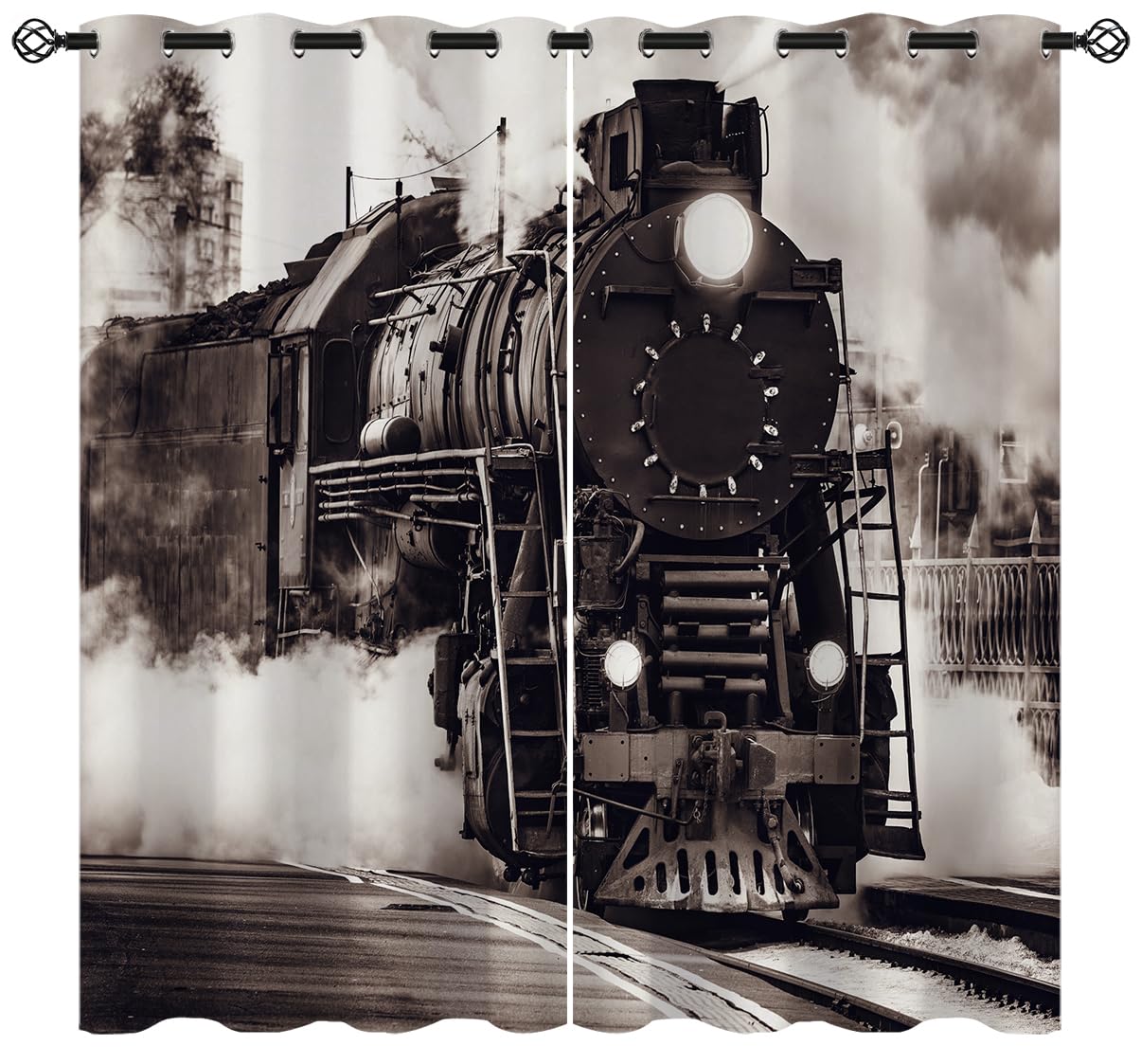 Train Blackout Curtains for Girls Boy Home Decor, Rustic Steam Engine Vintage Railway Industrial Grommet Thermal Insulated Drapes Darkening Window Curtain for Bedroom Living Room, 72 x 63 Inch