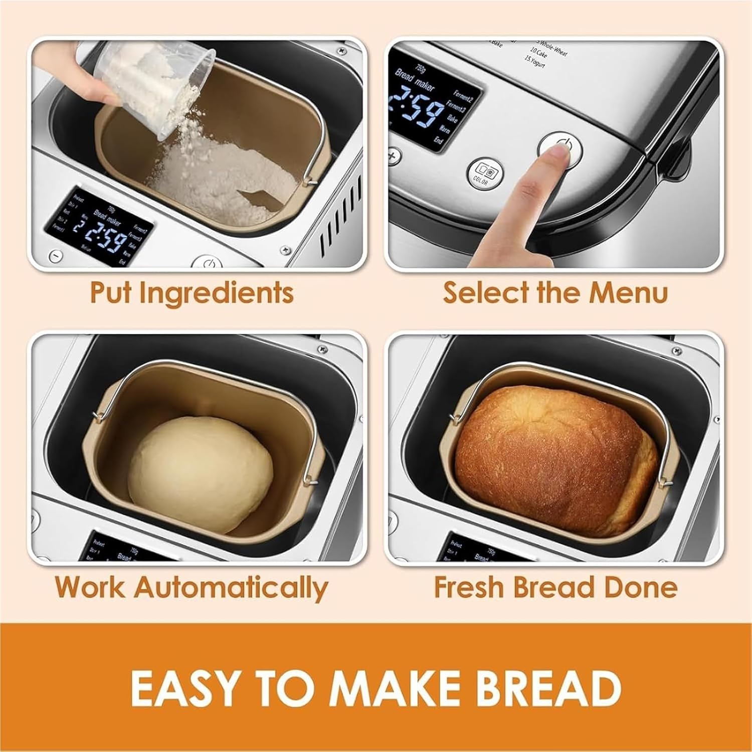 Bread Maker, Stainless Steel Automatic Bread Machine, 15 Preset Menus, 3 Loaf Sizes, With Timer & Keep Warm Setting, Easy To Clean, For Kitchen Dough, Beginner-Friendly Controls