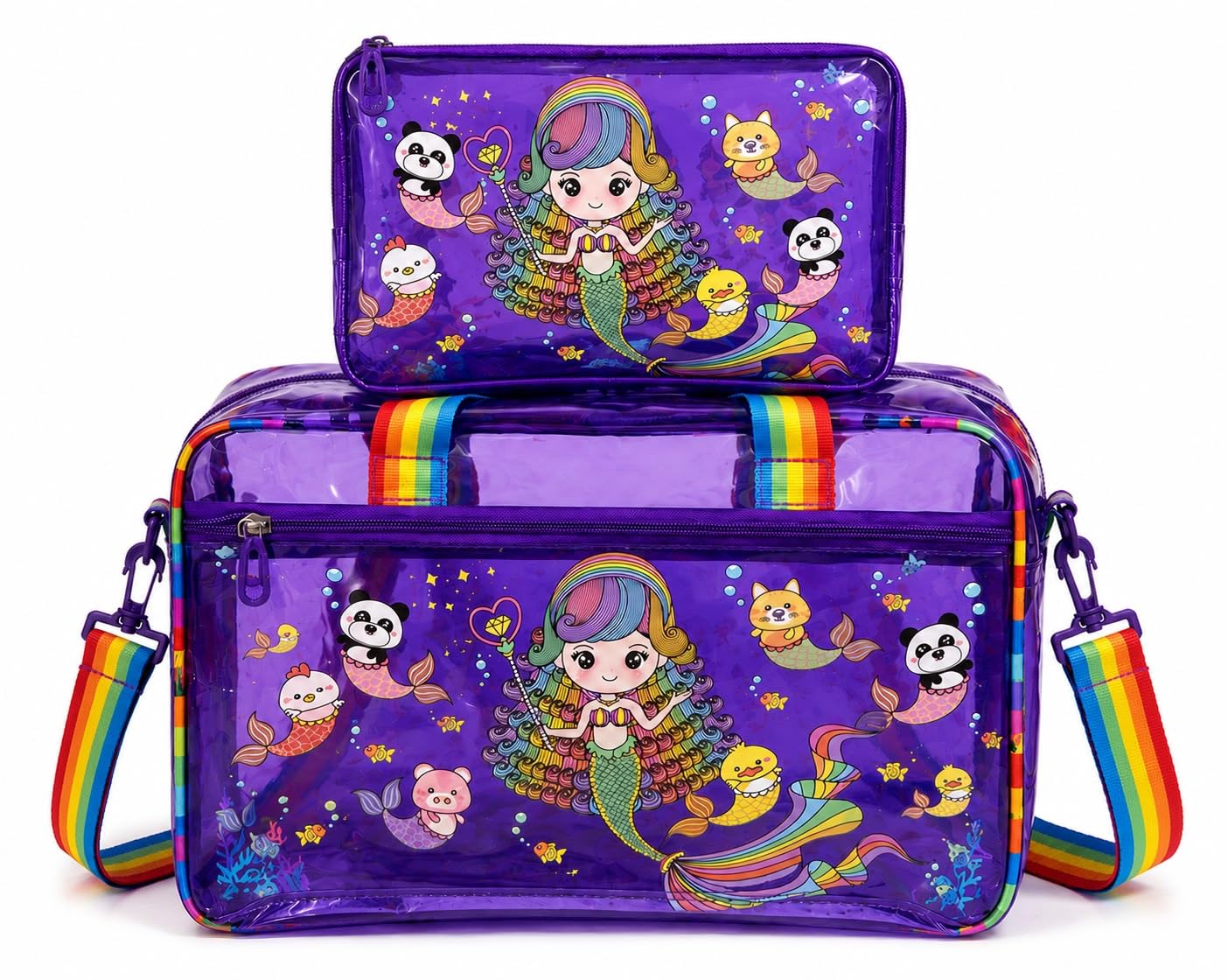 Girls Purple Mermaid PVC Transparent neon Duffle Bag with Matching Pouch, 15-16L, for Picnic Swimming and Everyday use-image-18