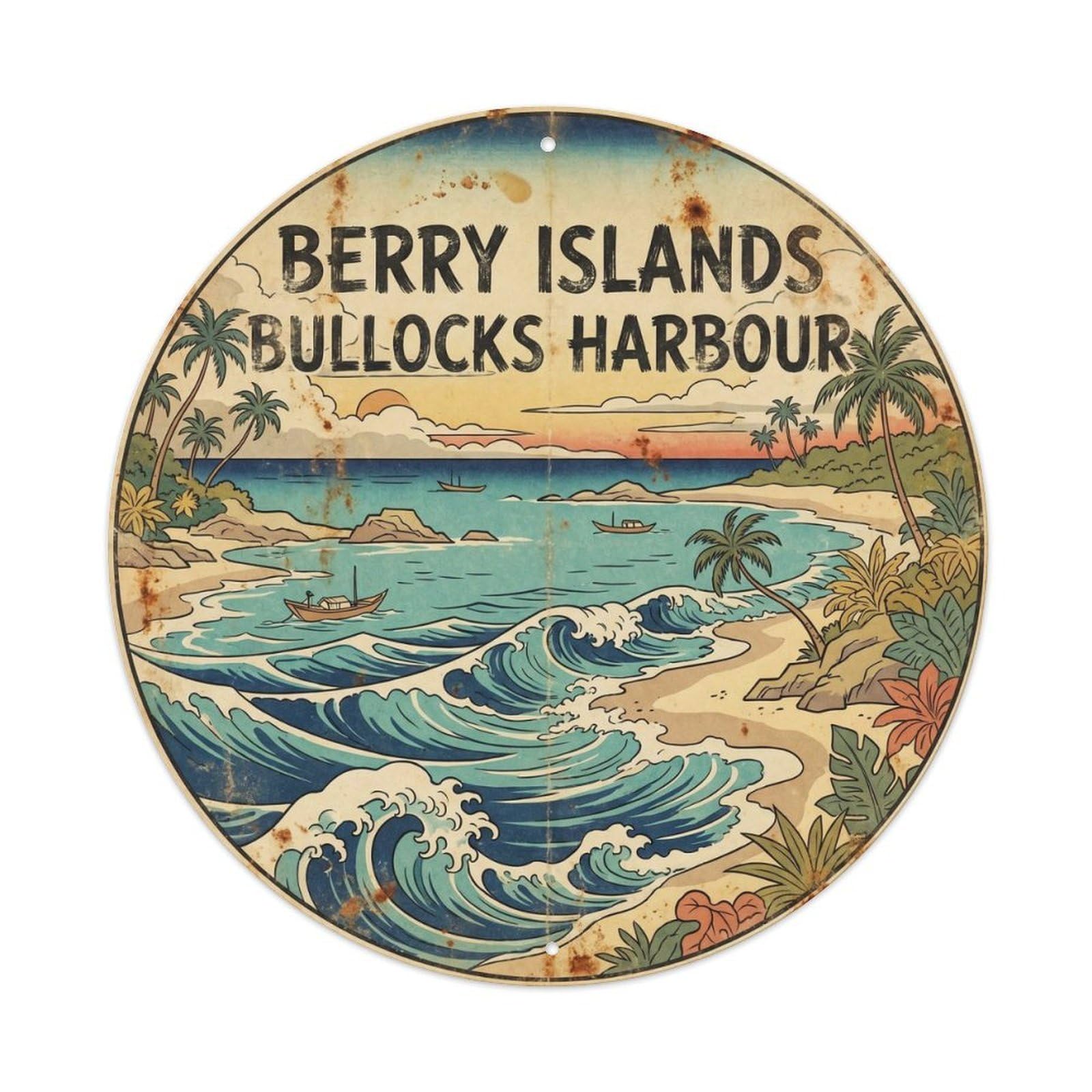 Olyhtr 8X8inch Classic Style Berry Islands Bloat Bay Seaside Scenery Woodblock Metal Tin Sign