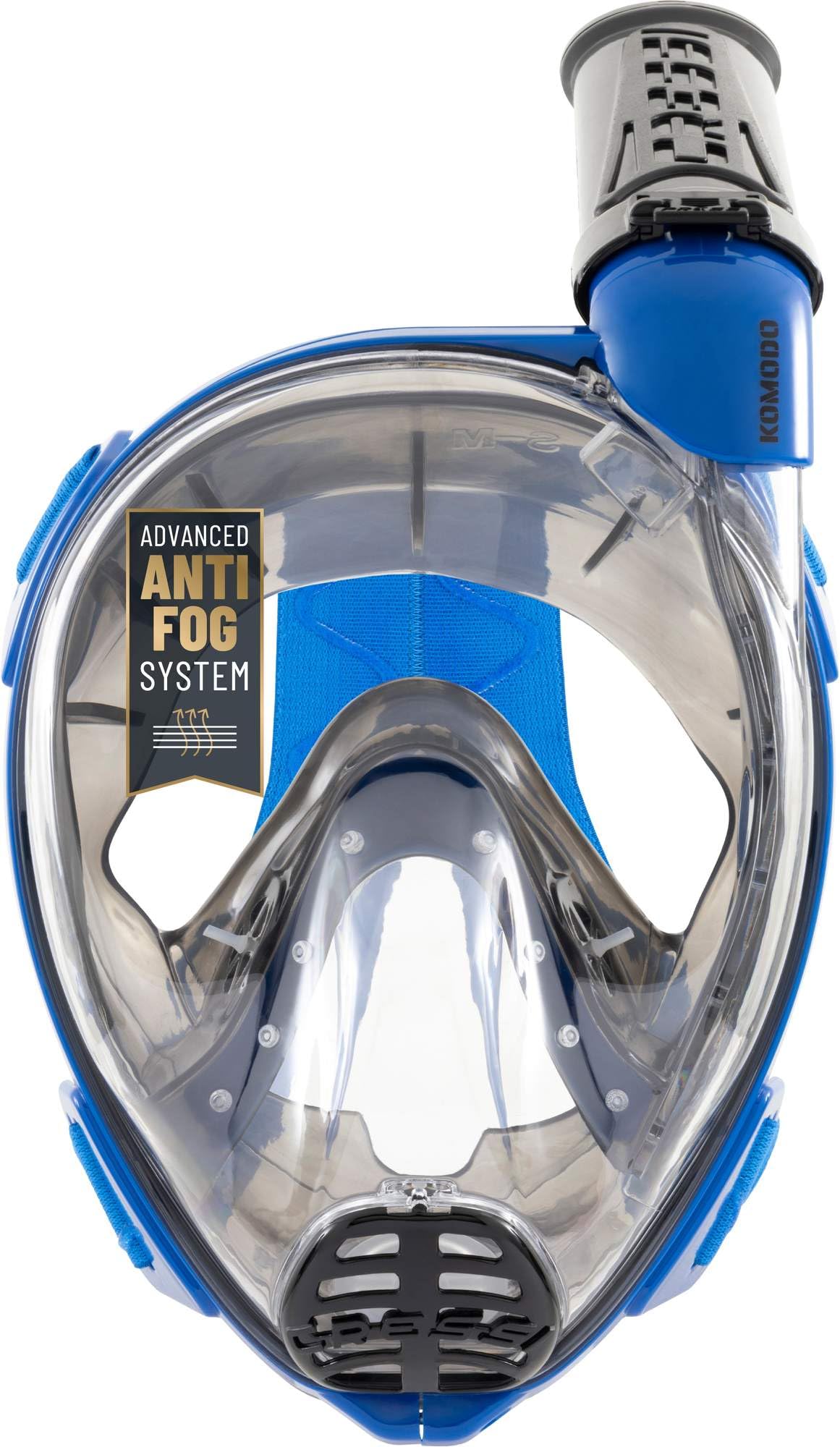 CRESSI since 1946 - Komodo Full Face Dry Snorkelling Mask 180° Vision - CO2 Safe - 100% Anti Fog Silicone - Side Snorkel - Adjustable Elastic Straps - Blue/Black - S/M