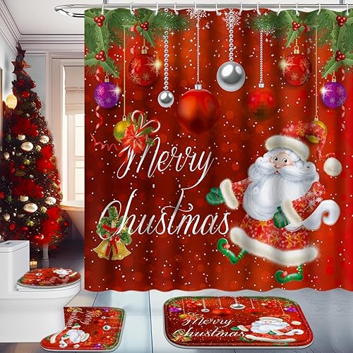 Miniatura 5 de Poedist Juego de 4 piezas de decoración navideña para baño, juego de cortinas de ducha de Navidad, juegos de cortinas de ducha de Navidad con