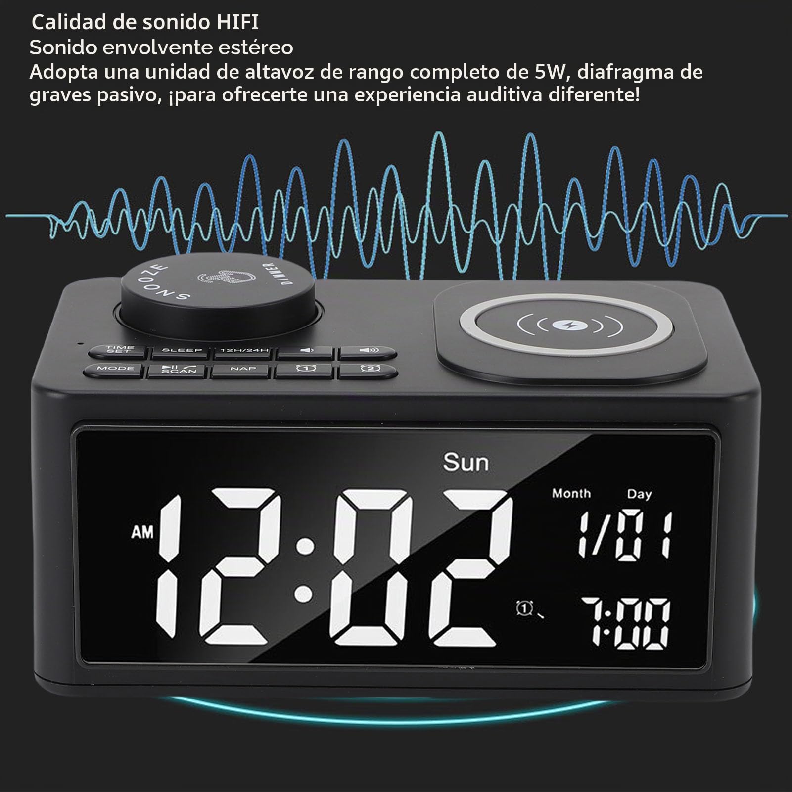 LICAEVEY Radio de Reloj de Alarma de Carga Inalámbrica 3 en 1 con Altavoz Bluetooth, Cargador Rápido de 15W, Alarmas Duales, Radio FM y Micrófono Incorporado para (Enchufe de la UE)