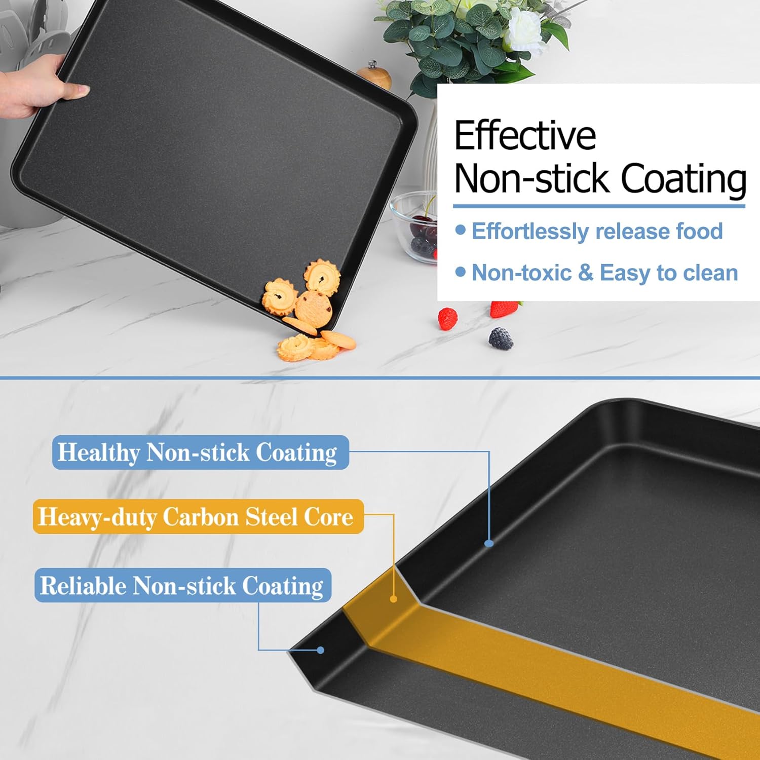 TeamFar Baking Sheets, 16” x 12” x 1”, Carbon Steel Baking Pan Cookie Sheets Tray with Coating for Home/Toaster Oven, Healthy & Non-Stick, Heat-Resistant & Easy Clean, 2 PCS