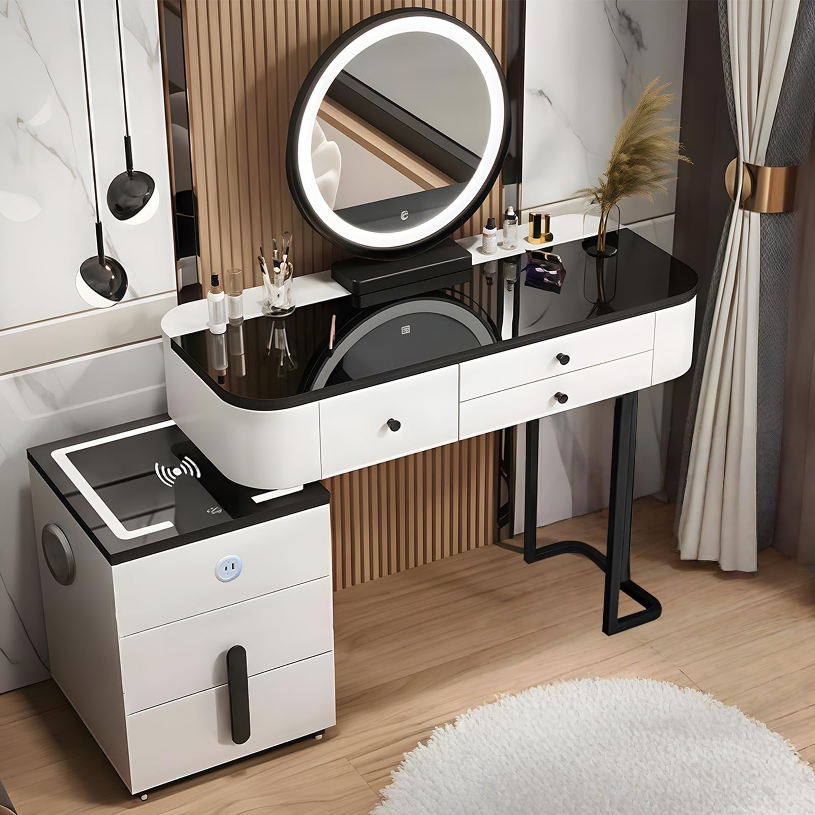 MJKCBD White Dressing Table Set with LED Mirror and Drawers