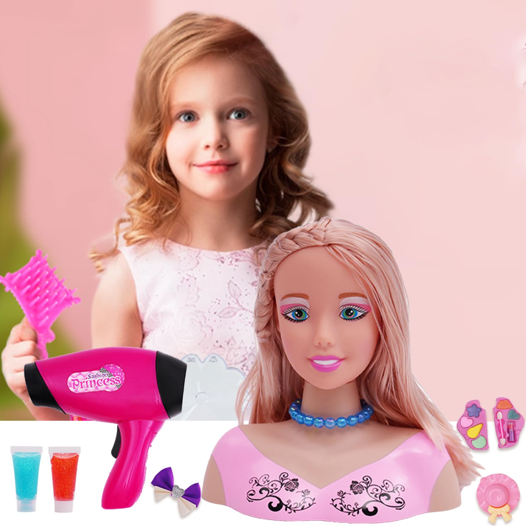 Muñeca con cabeza de peinado para niños, 39 unidades/juego, cabeza de muñeca con estilo de pelo seguro para niñas, juego de peluquería con accesorios para el cabello para niñas, juguetes y juegos.