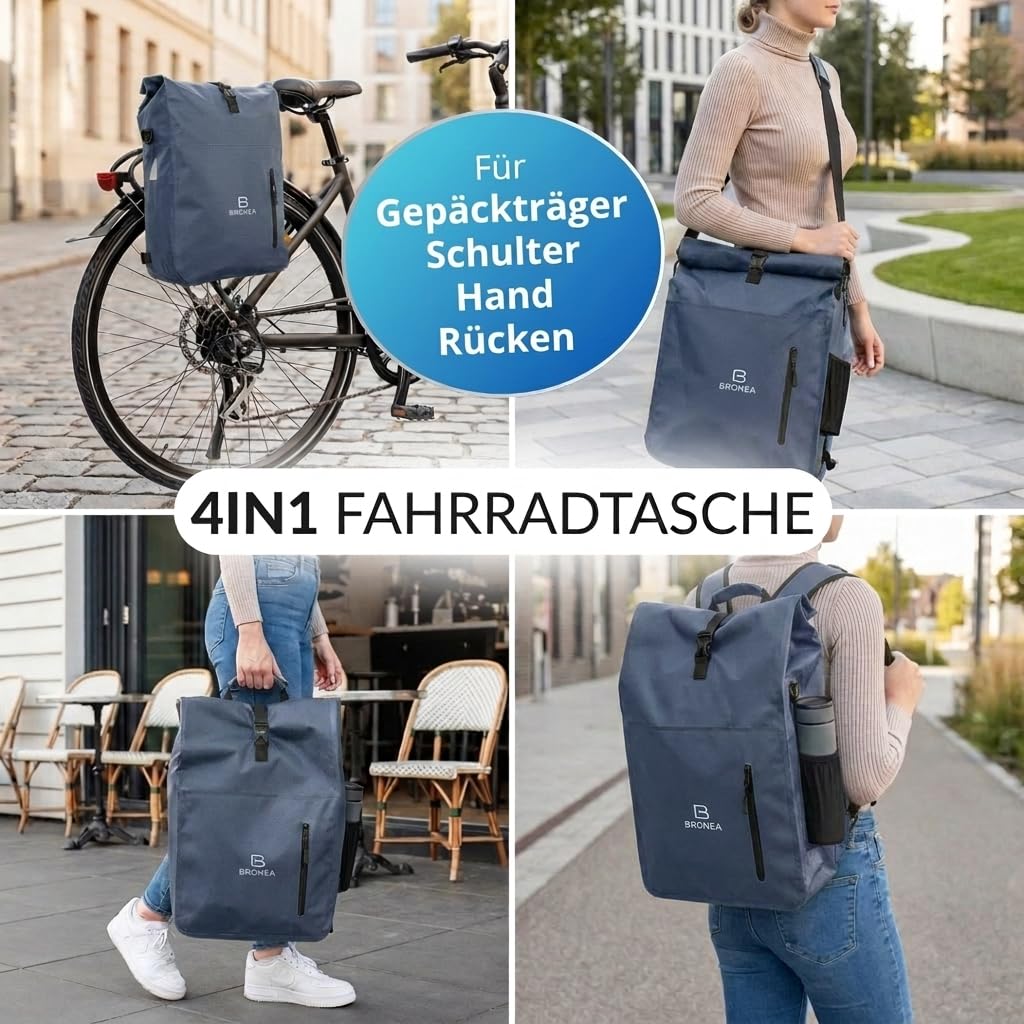 3 in 1 Fahrradtasche Wasserdicht - 28L - Rucksack & Umhängetasche, Gepäckträgertasche für Fahrrad, WaterBlock Material, Integrierte Laptoptasche, Schnellmontage Gepäckträger | JEANSBLUE