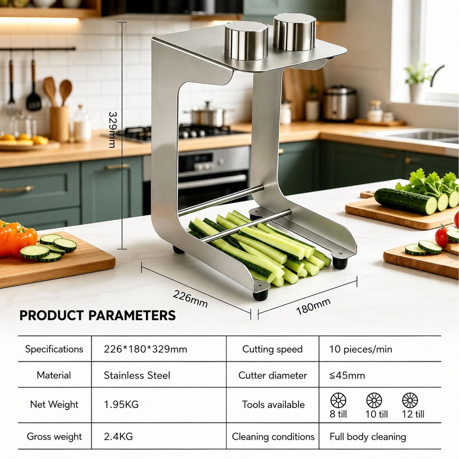 JOSBY Affettatrice Manuale per Cetrioli, Base Antiscivolo, in Acciaio Inox 304, Affettatrice Professionale per Verdure, velocità di Taglio 10 Fette al Minuto, Diametro di Taglio 45 Mm, Ideale per