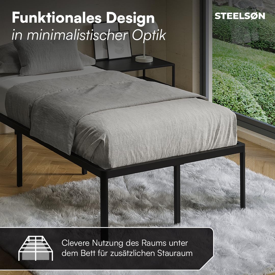 STEELSØN Situla Metallbett 90x200 cm – Bettgestell mit Lattenrost – Stabiler Bettrahmen in schwarz – Bett Metall mit Stauraum – minimalistisches Einzelbett