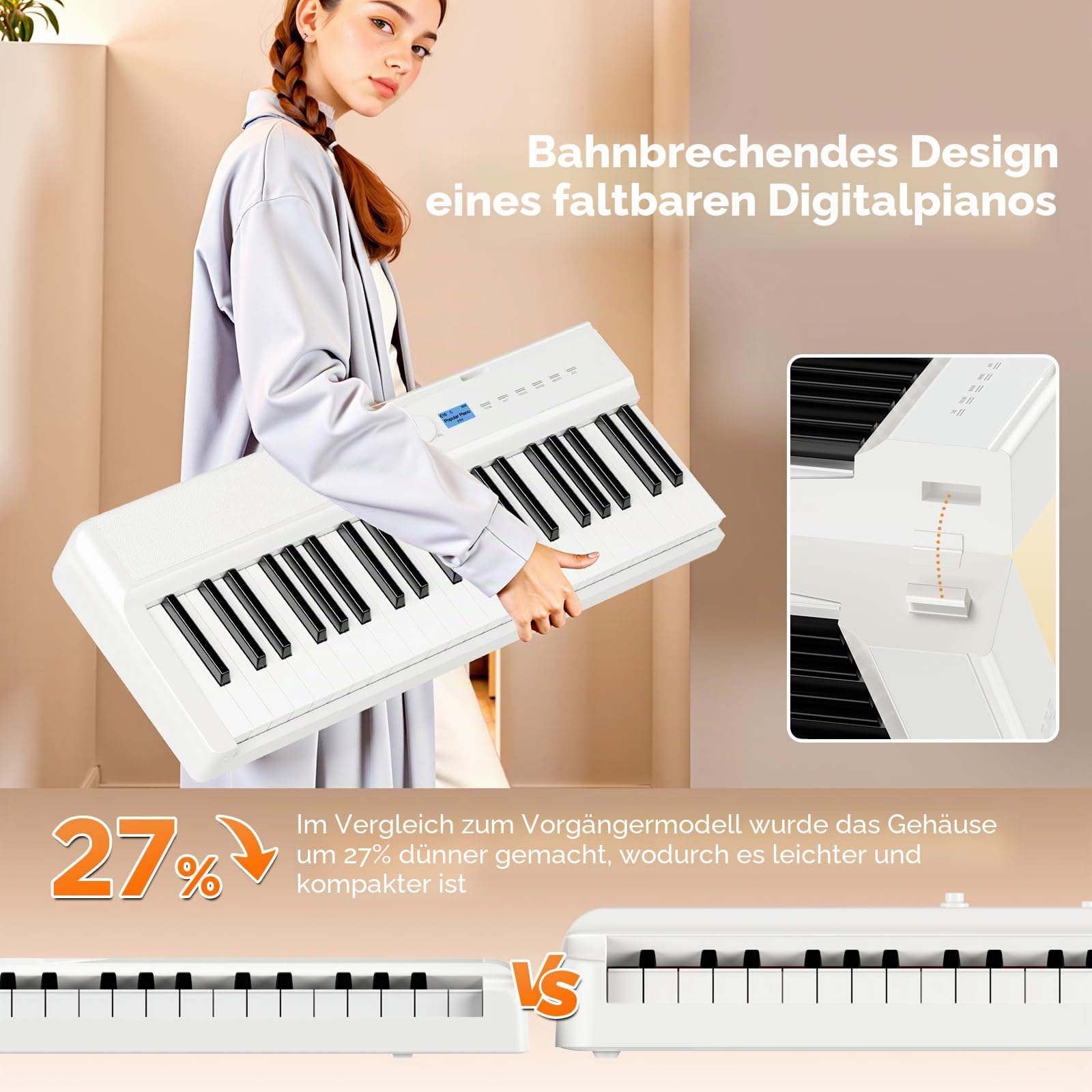 TERENCE 88 Tasten Digital Piano Keyboard Piano mit 30W Lautsprechern AR Technologie Soundsystem faltbares elektronisches Klavier 4 Hall-Effekten Sensor-Spiegel-Touchpad MIDI-Schnittstellen Weiß