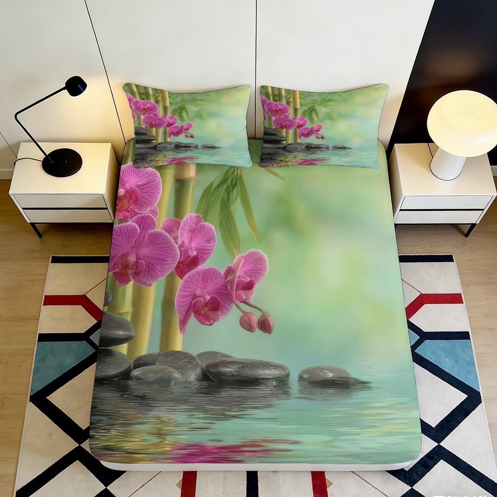 3D Printed Orchid Bamboo Fitted Sheet Microfiber Soft Anti-Slip Zen Stones Bed Cover for Bedroom Guest Room Decor 90x200x25cm