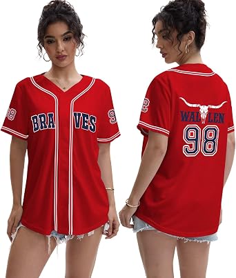 Women 98 Baseball Jersey Country Music Graphic Shirt Cow Bull Skull Tshirt Button Down Vintage Fan Tee Tops